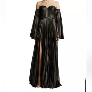 Zac Posen Pleated Off the Shoulder Gown in gunmetal NWT size 4